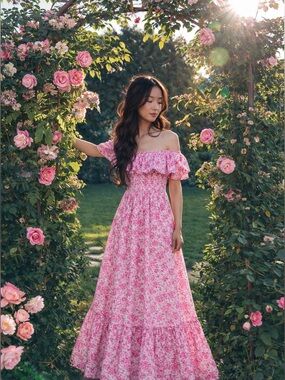 LOVESHACKFANCY Coquette Maxi‎ Dress Pink Floral | Cottagecore Feminine NWT sz 6